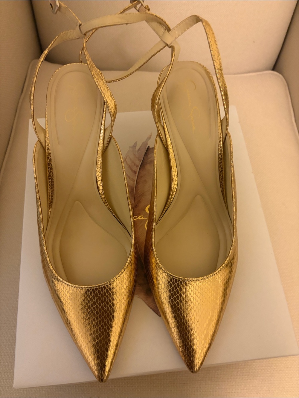 Jessica Simpson Metallic Gold Pointed Slingback Heels